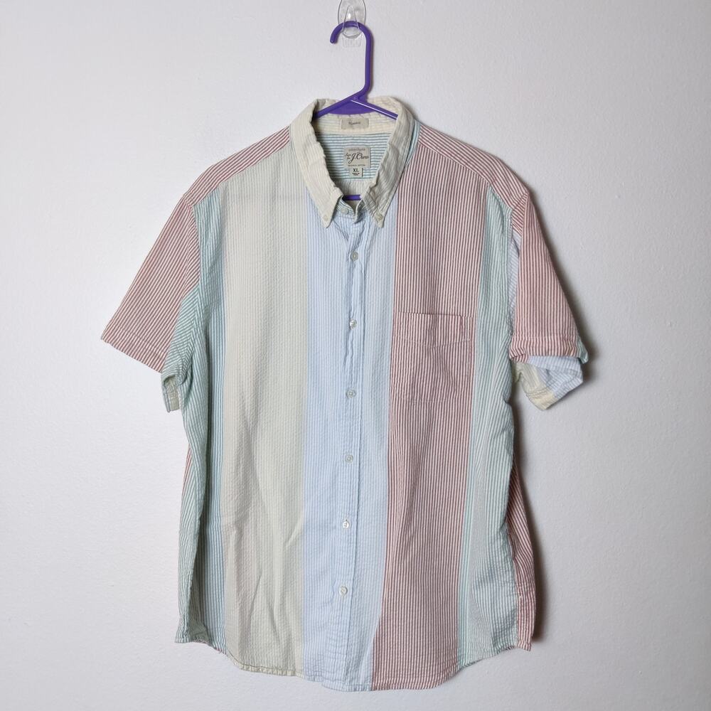J. Crew Seersucker Organic Cotton Short Sleeve Colorful Candy Stripe Shirt XL